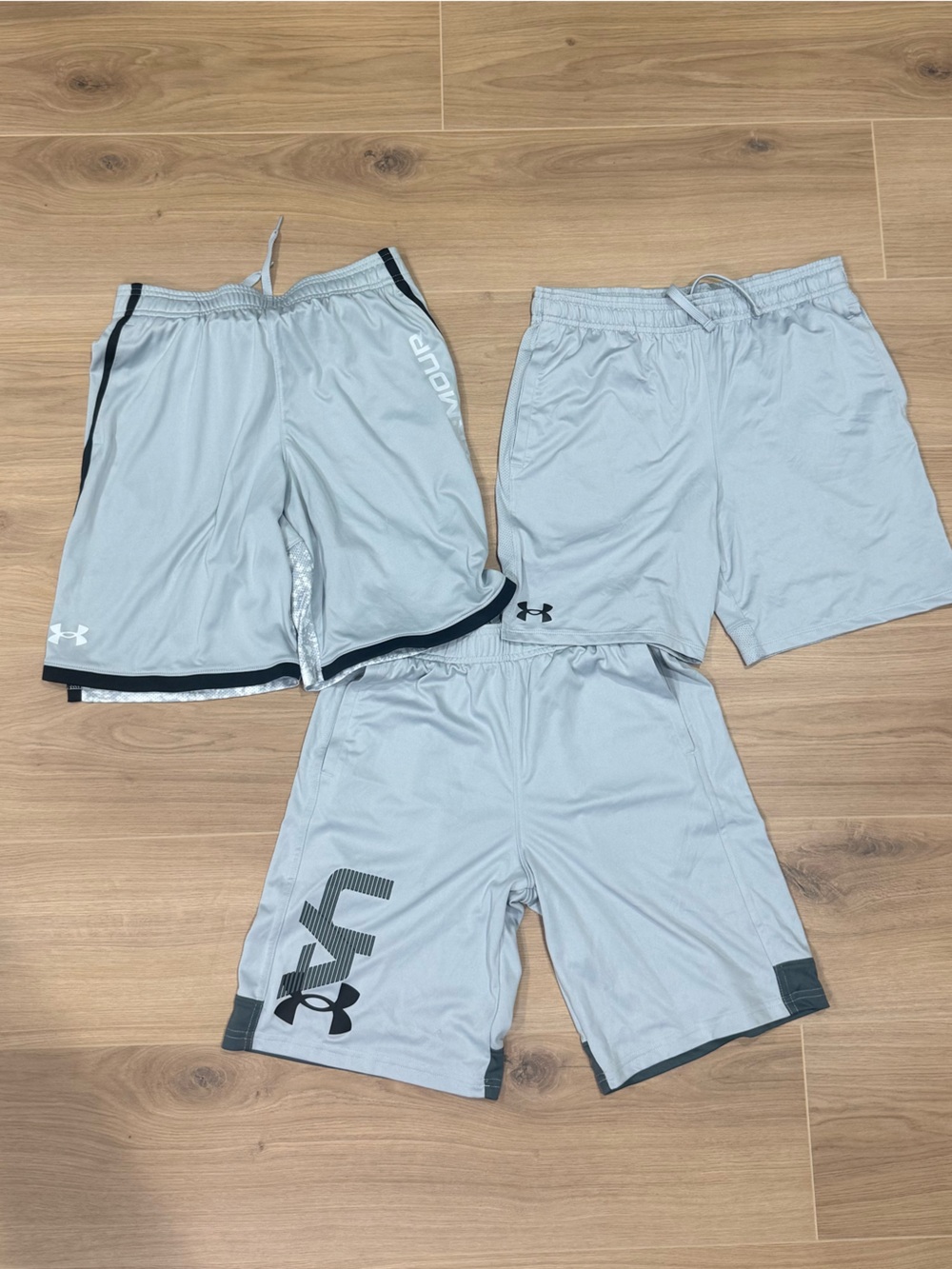 Bundle of 3 Under Armour Light Gray Kids Athletic Shorts with Black Trim